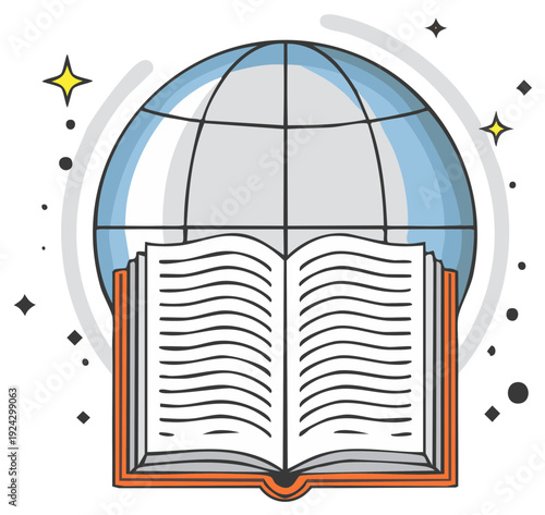 Open book with globe and stars symbolizing global knowledge and education
