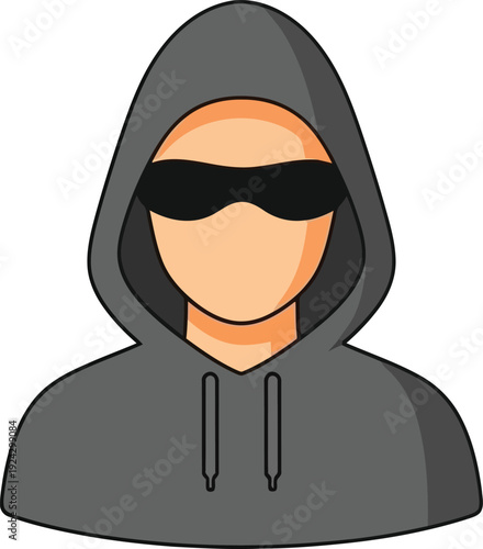 Hacker avatar wearing a dark hooded sweatshirt and blacked-out sunglasses represents online anonymity and cybercrime.