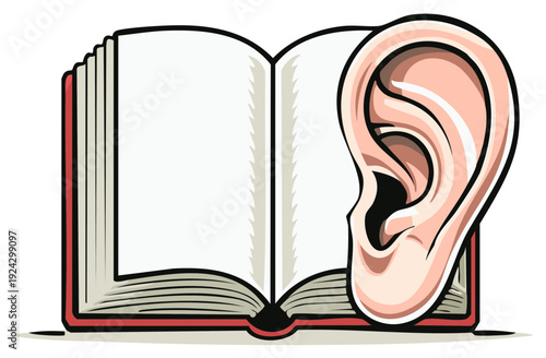 Open book with blank pages and a human ear listening for audio learning or audiobook concept