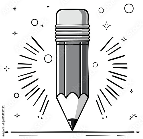 Cartoon pencil illustration with eraser. Creative writing tool design concept with rays and stars.