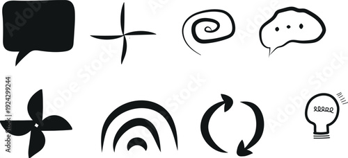 Collection of abstract black and white symbols and shapes
