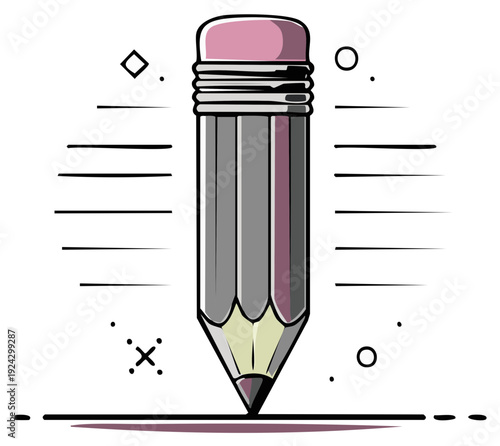 Gray pencil tool for writing or drawing with horizontal lines and decoration