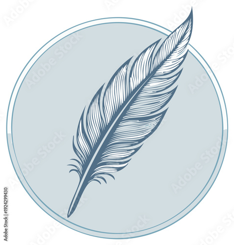 Elegant Feather Quill Pen Icon in Soft Blue Circle, Classic Writing Symbol, Fine Line Art