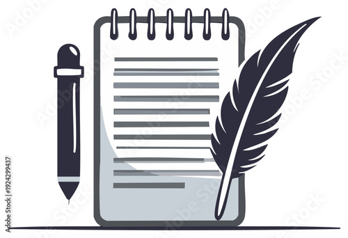 Notepad with Lines, Pen, and Feather Quill for Writing or Illustration Concept
