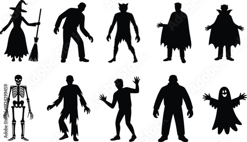 Halloween silhouettes illustration with witch, zombie, werewolf, vampire, skeleton, ghost, monster, spooky celebration concept, black and white artwork design