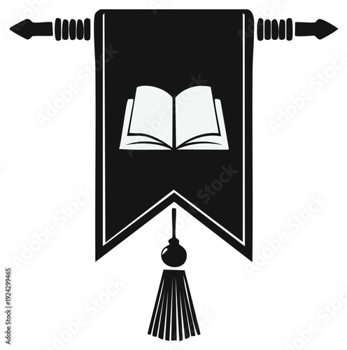 Black banner featuring an open book and decorative tassel symbol for education and learning concept