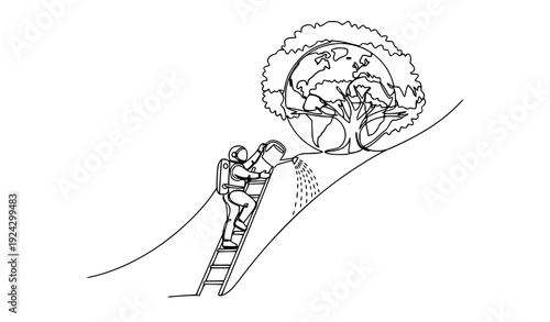 Minimal One Line Drawing Astronaut Climbing Ladder Watering Earth Globe Sustainability Vector