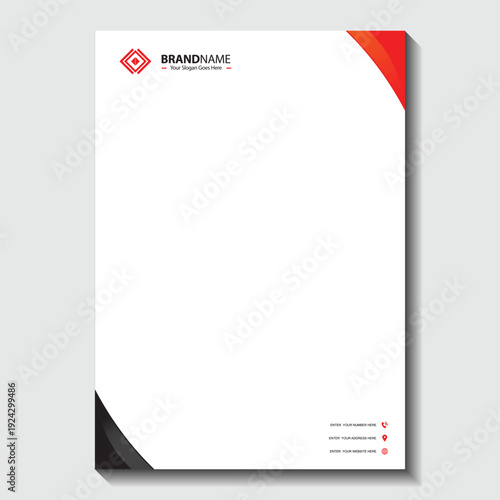Professional letterhead template with modern red and black design