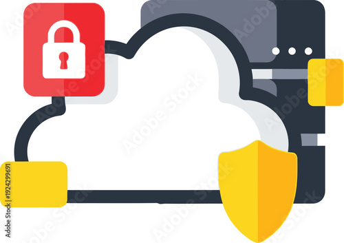 A server rack graphic is partially obscured by a large cloud shape featuring a yellow shield and a red square containing a white padlock icon.