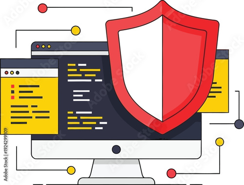 A large red and white shield icon hovers over a desktop computer monitor displaying lines of code and data windows.