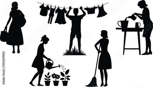 Household silhouettes illustration with daily chores, shopping, gardening, cooking, cleaning, laundry concept, black and white artwork design