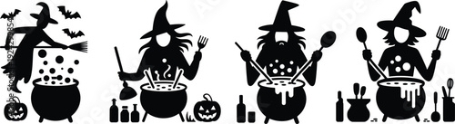 Halloween witches silhouettes illustration with cauldrons, potion making, broomstick, spooky celebration concept, black and white artwork design