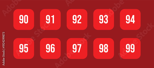 Red Background Numbers 90-99 set 90 91 92 93 94 95 96 97 98 99– Numeric Typography Vector Illustration