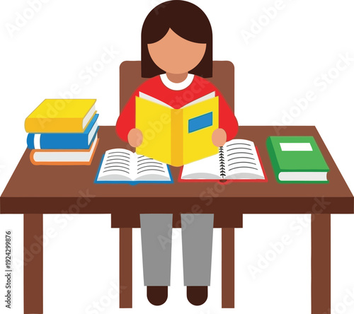 Woman sits at a wooden table surrounded by many stacked books while deeply engaged in reading material.