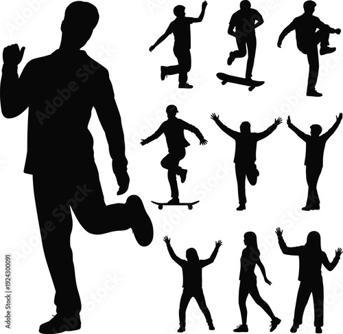 People silhouettes illustration with dynamic poses, walking, running, skateboarding, expressive gesture concept, black and white artwork design