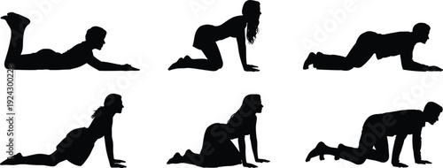 People silhouettes illustration with crawling poses, prone positions, expressive body movement concept, black and white artwork design