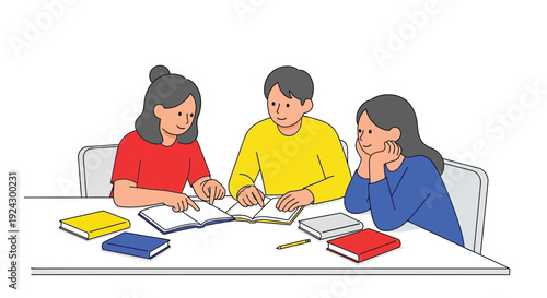 Three young students collaborate around a table while studying textbooks and notebooks together.