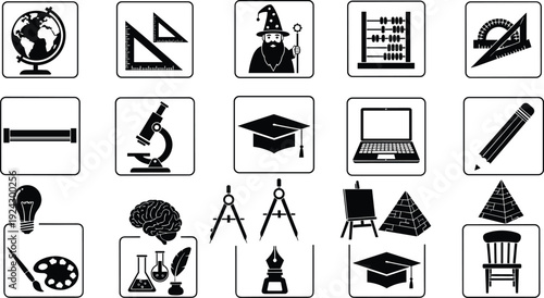Education and learning icon set, school subjects symbols with globe, microscope, laptop, graduation cap isolated on white background illustration