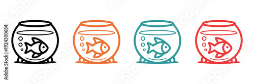 Fish bowl icons with fish swimming inside, vector illustrations on white background, representing aquariums, pets, aquatic life, home decor, and professional digital or print design projects.
