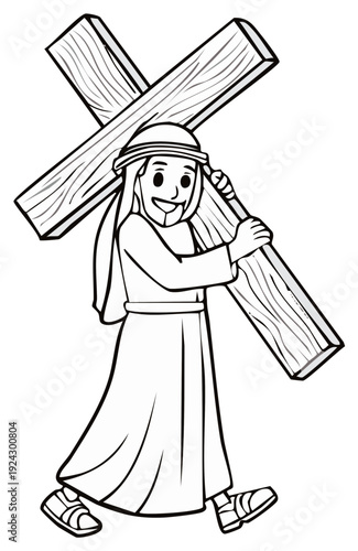 Cartoon illustration of a smiling biblical figure carrying a wooden cross