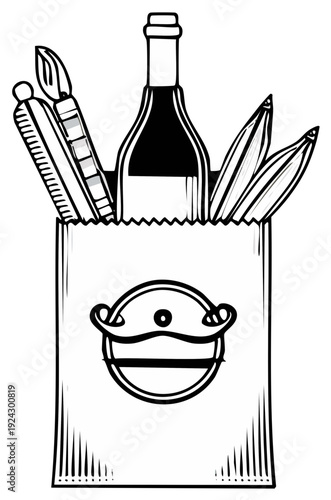 Grocery bag with art supplies and wine bottle illustration