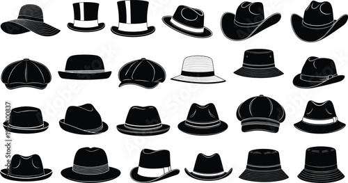 Hat silhouette collection, various fashion hats including cowboy, fedora, cap and sunhat isolated on white background accessory illustration set