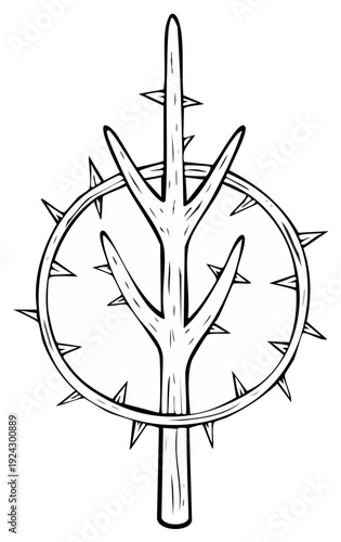 Stylized thorny branches forming a vertical plant stem and enclosed within a spiky ring illustration.