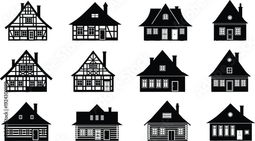 House silhouette collection, traditional and modern home buildings set isolated on white background for real estate, architecture, property design illustration