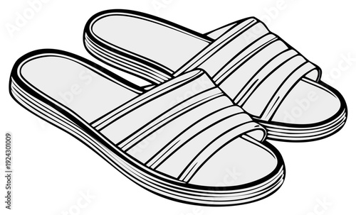 Illustration of a pair of light-colored sandals, side by side, with a striped pattern on the upper part and grooved soles