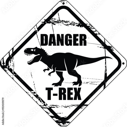 T-Rex danger warning sign silhouette, dinosaur caution symbol, grunge distressed design concept, black and white artwork illustration