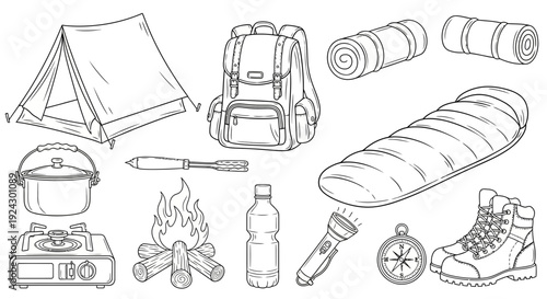 Camping gear detail outline illustration featuring tent, backpack, and outdoor equipment in a wilderness setting