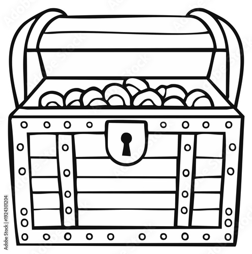 Open Treasure Chest Overflowing with Gold Coins and Jewels Line Art