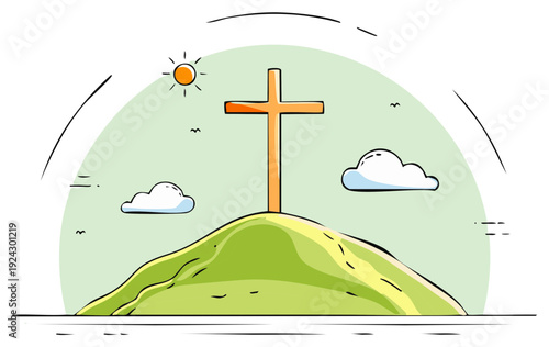 Cartoon illustration of Cross on Hill, Religion Symbol with Clouds and Sun in a Serene Landscape