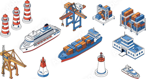 Isometric port and shipping icons set, cargo ship containers crane lighthouse harbor logistics transport illustration isolated on white background vector