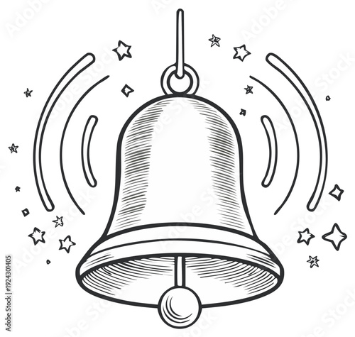 Hand Drawn Illustration of a Ringing Bell with Stars and Sound Waves Emitting