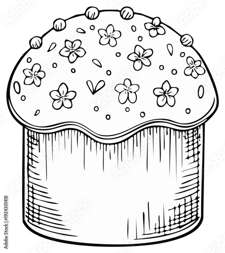 Ink drawing of a decorated traditional Easter cake with flowers and sprinkles.