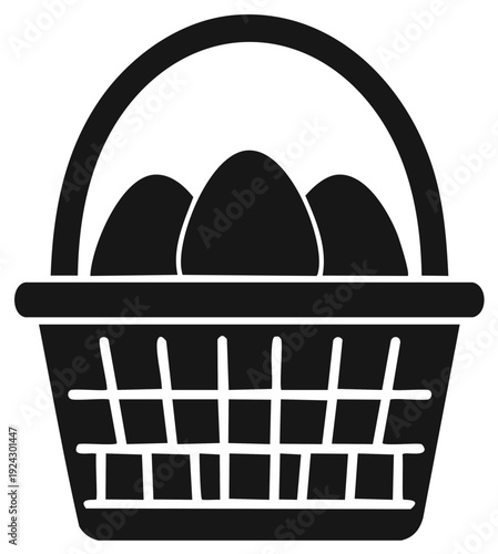 Black and white illustration of an Easter basket containing three eggs