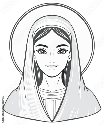 Illustrative portrait of a woman with a halo and headscarf, stylized drawing