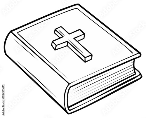 Black and white line art illustration of a closed book with a cross emblem on its cover