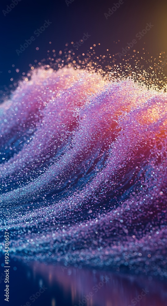Fototapeta premium Vibrant colorful wave of sparkling particles on dark blue background abstract digital illustration