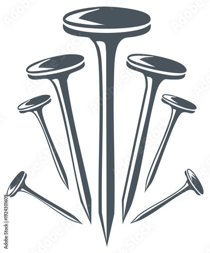Stylized group of sharp metal nails vector icon for construction or carpentry