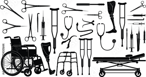 Medical equipment silhouette collection, wheelchair, crutches, prosthetic leg, syringe, stethoscope isolated on white background healthcare hospital illustration set design