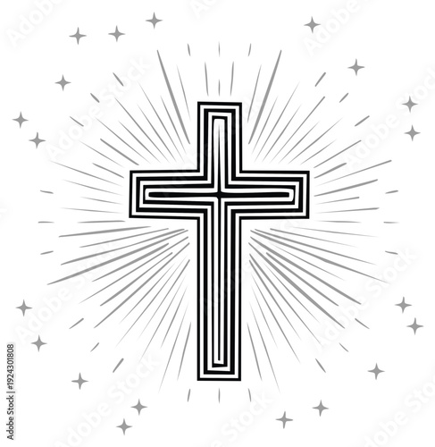 Stylized Christian cross illustration with radiating light rays and starburst elements