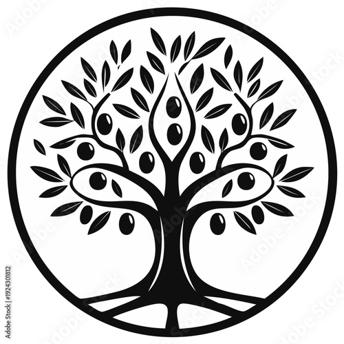Olive Tree Silhouette in Circle Frame Design, Branch, Leaves, Fruits, Natural Symbol