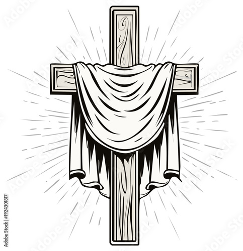 Wooden cross with draped fabric and radiant light rays symbol of faith and resurrection