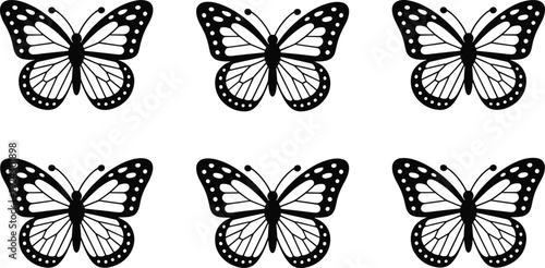 Butterfly silhouettes illustration with symmetrical wings, spotted patterns, insect design concept, black and white artwork composition