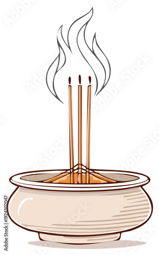 Burning Joss Sticks in a Traditional Asian Censer Vector Illustration