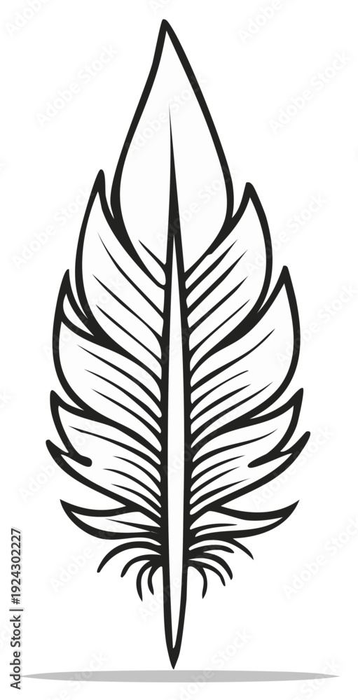 Obraz premium Black and white feather illustration with intricate detail, graphic design element.