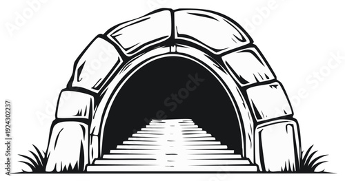 Stone archway entrance with stairs in a hand drawn graphic illustration