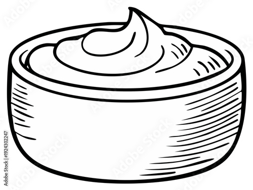 Black and white sketch of a bowl of creamy food dip dressing or whipped topping